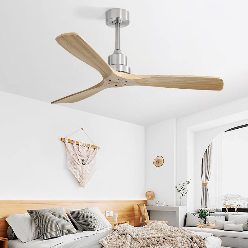 52" Brushed Nickel Ceiling Fans No Light with Remote Carved Wood Fan Blades, Reversible DC Motor